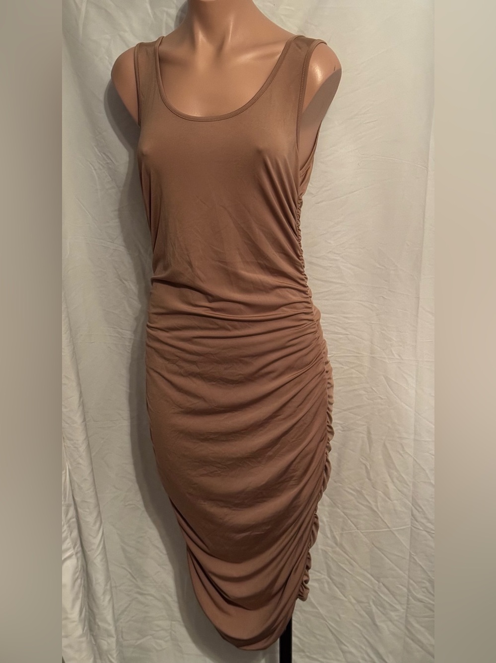 Sexy Sleeveless Ruched BodyCon Style Midi Dress in Taupe Brown